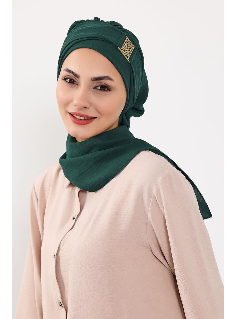 Aisha`s Design 11a Koyu Yeşil Gold Aksesuarlı Aerobin Kumaş Hazır Türban,ht