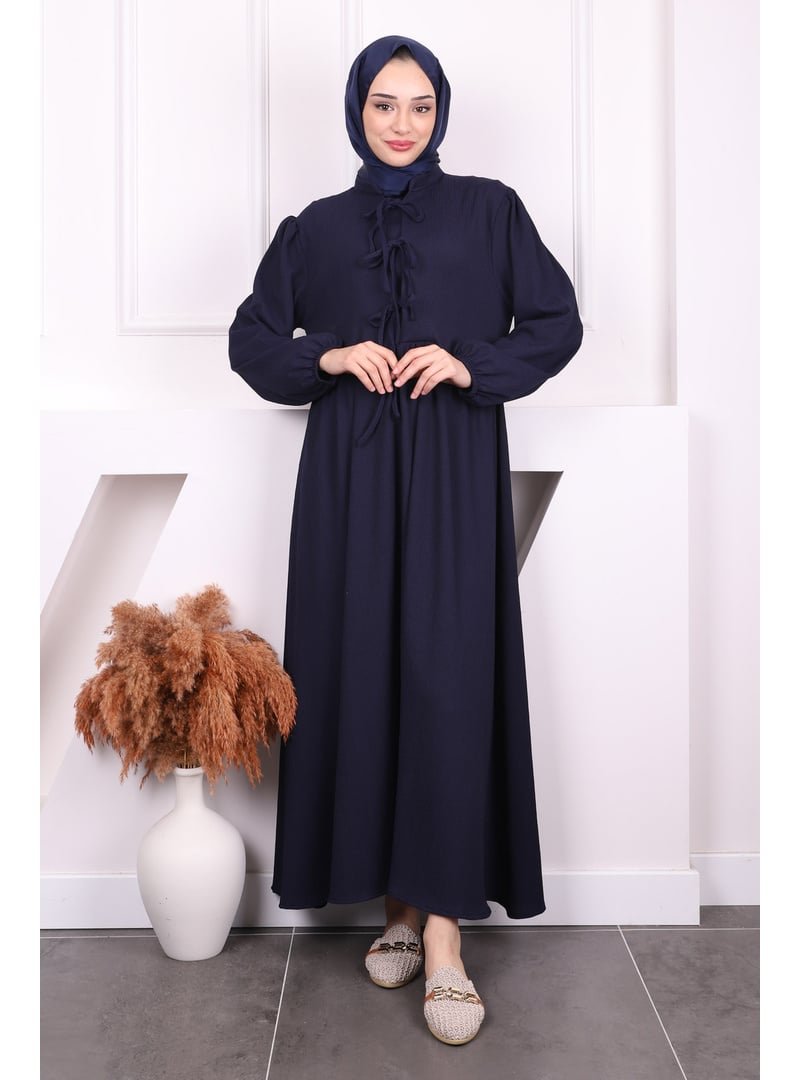 İmaj Butik Lacivert Kol Lastikli Yaka Bağlamalı Bürümcük Elbise