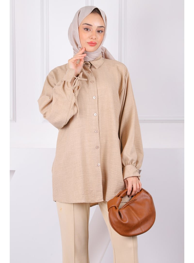 İmaj Butik Bej Kol Bağlamalı Keten Tunik