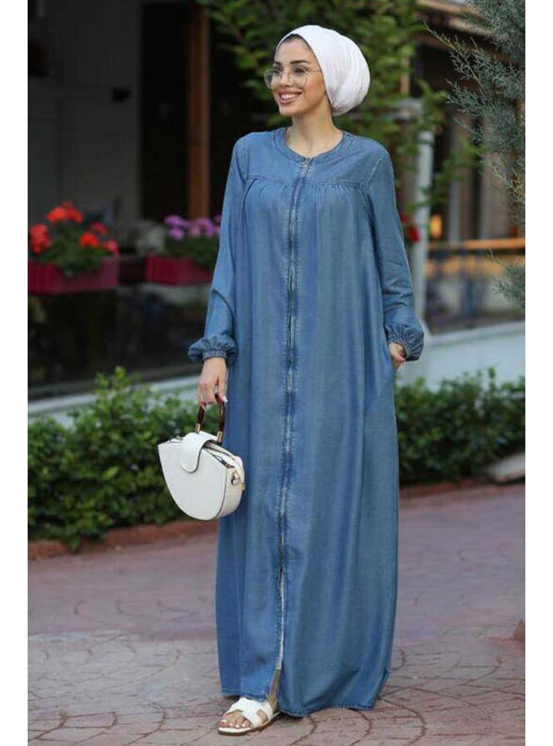 Neways Koyu Mavi Denim Fermuarlı Ferace