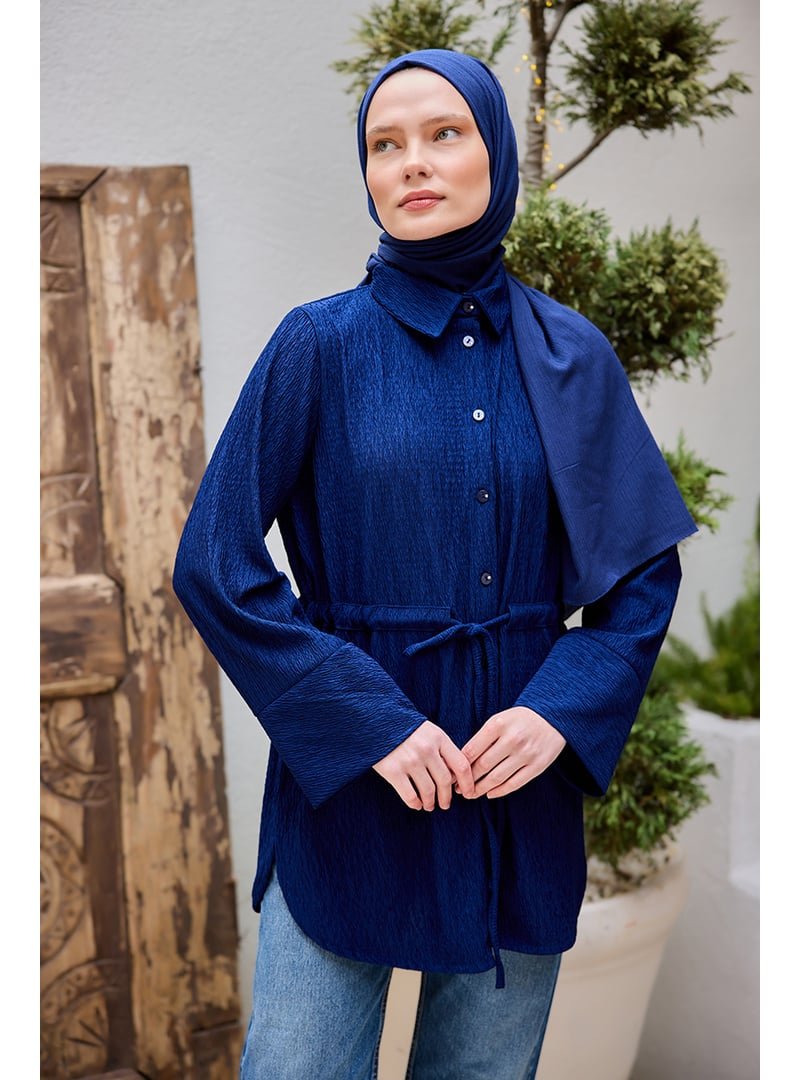 Locco Moda Lacivert Beli Kemerli Damla Gömlek