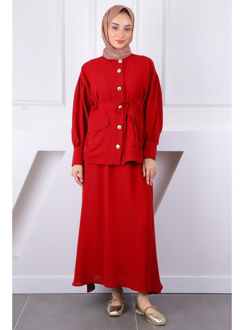 İmaj Butik Bordo Kol Büzgülü Ceket Etekli Takım