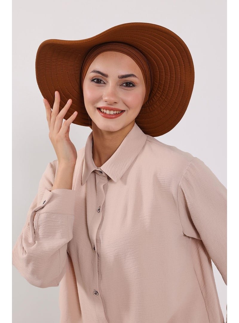 Aisha`s Design Kiremit Çıkarılabilir Arkası Fiyonklu Şapkalı Penye Bone Türban,s