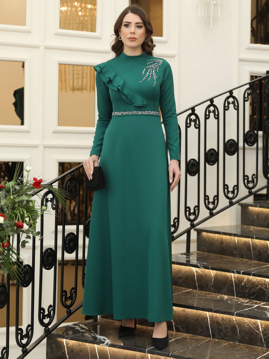 Elben Moda Zümrüt Yeşili Elif Taşlı Tesettür Elbise