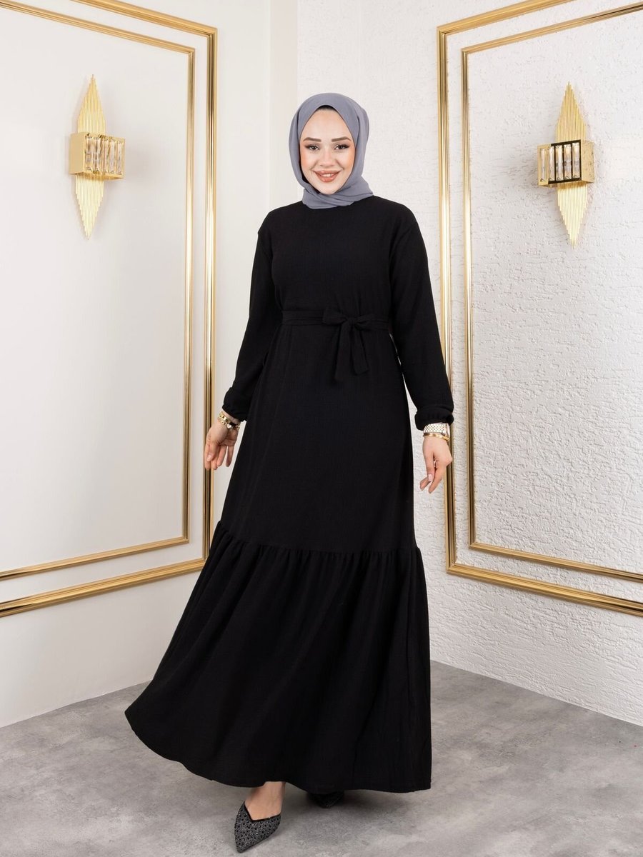 SFG Life Moda Siyah Belden Kuşaklı Ve Bisiklet Yaka Bürümcük Kumaş Elbise