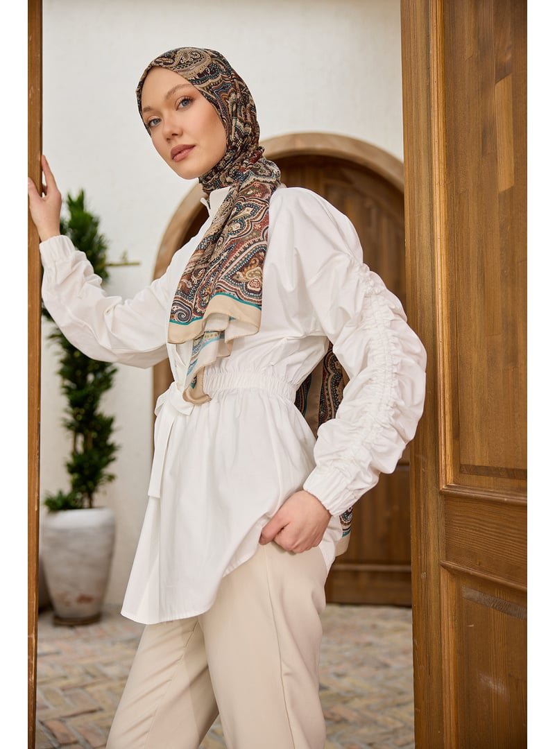 Locco Moda Beyaz Kol Ve Bel Büzgülü Çıt Detaylı Gömlek
