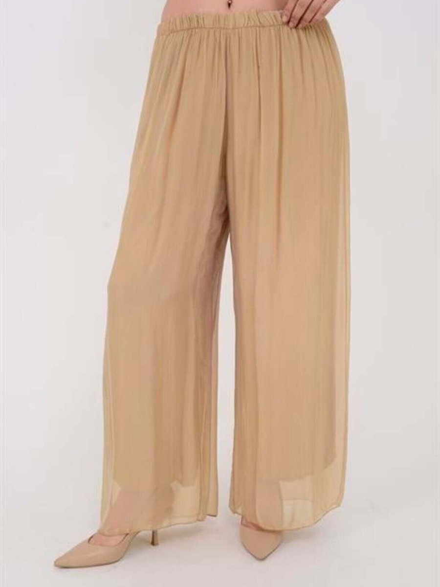 EREN STYLE Camel Italyan Astarlı Lastikli İpek Pantolon