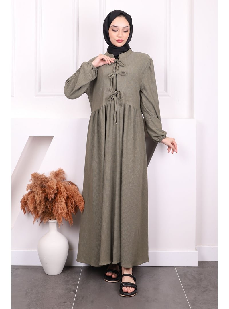 İmaj Butik Haki Kol Lastikli Yaka Bağlamalı Bürümcük Elbise