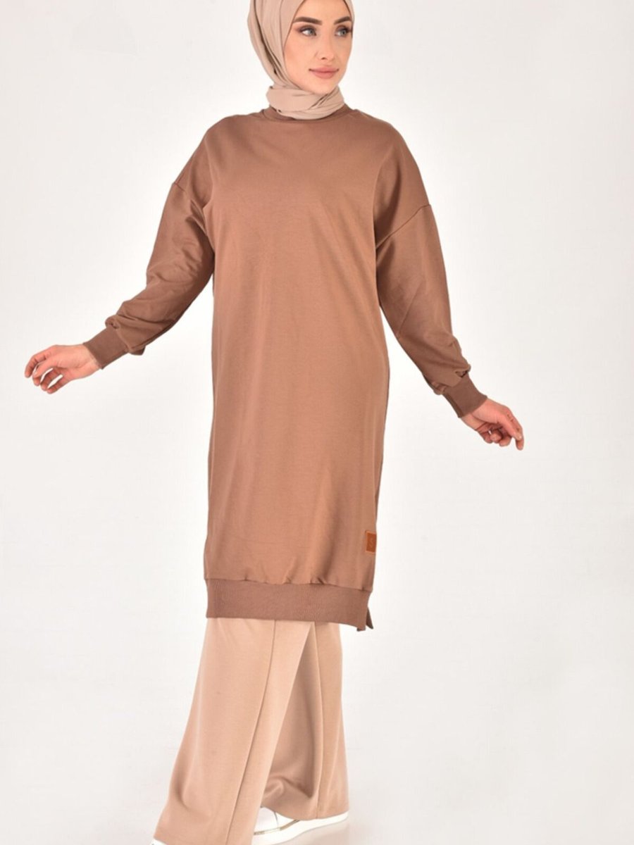 Puane Kahverengi İp Kumaş Uzun Boy Basic Sweatshirt