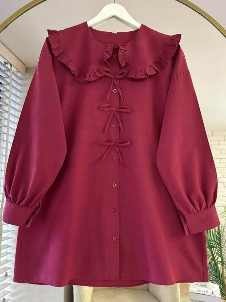 Nergis Neva Butik Bordo Marul Yaka Fiyonklu Tunik