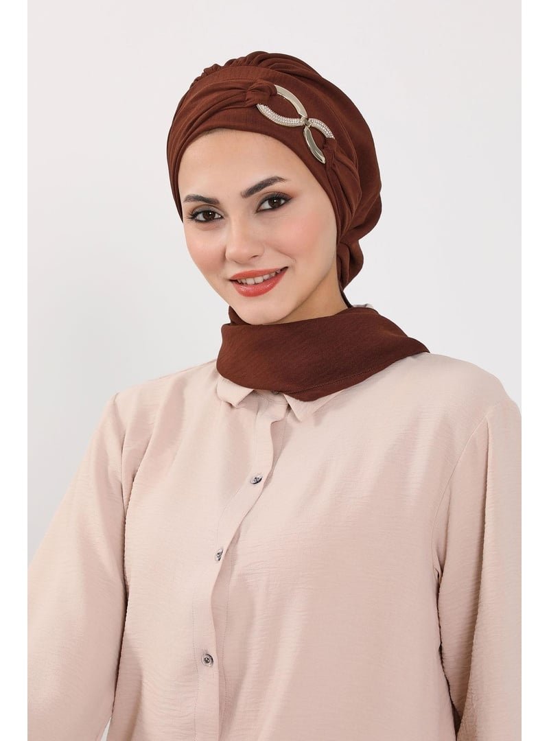 Aisha`s Design Kahverengi Aksesuarlı Aerobin Kumaş Hazır Türban,ht