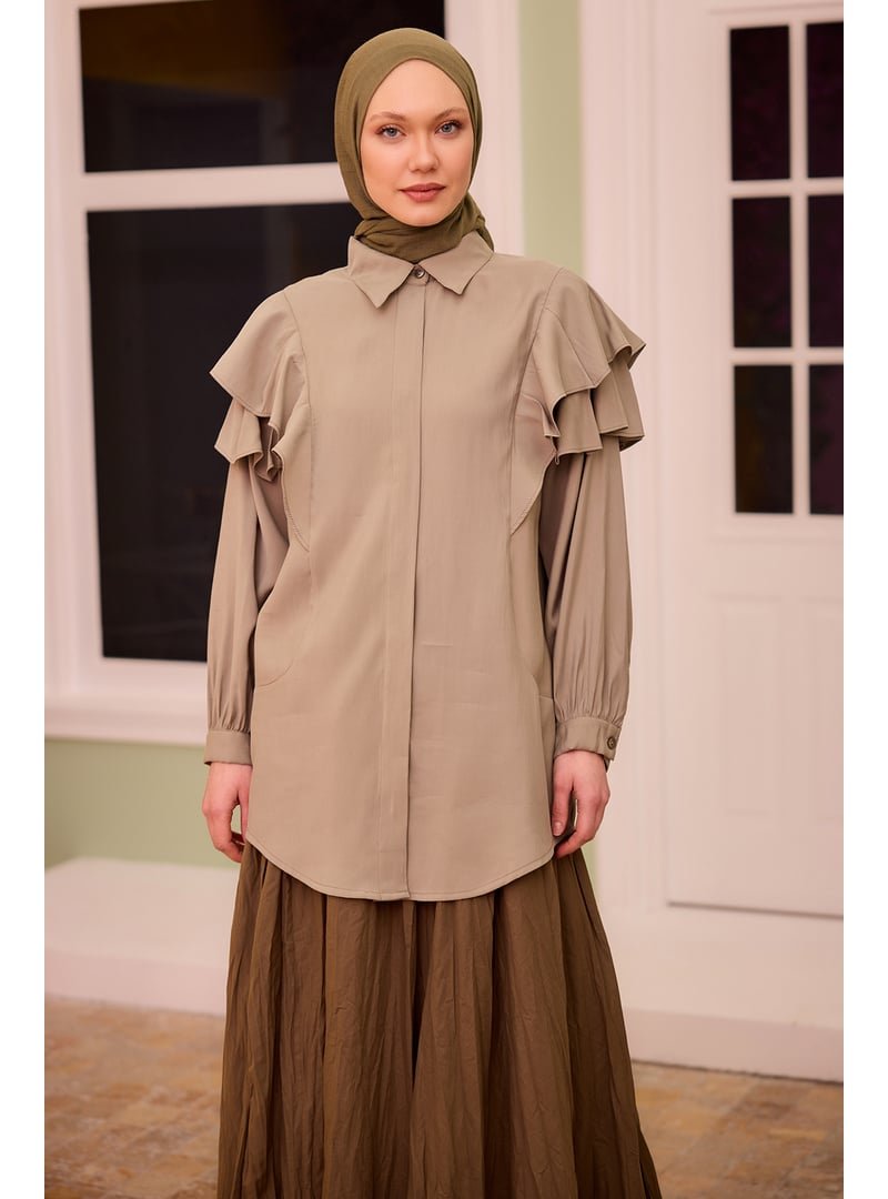 Locco Moda Gizli Düğmeli Fırfır Detay Gömlek Küf Yeşil