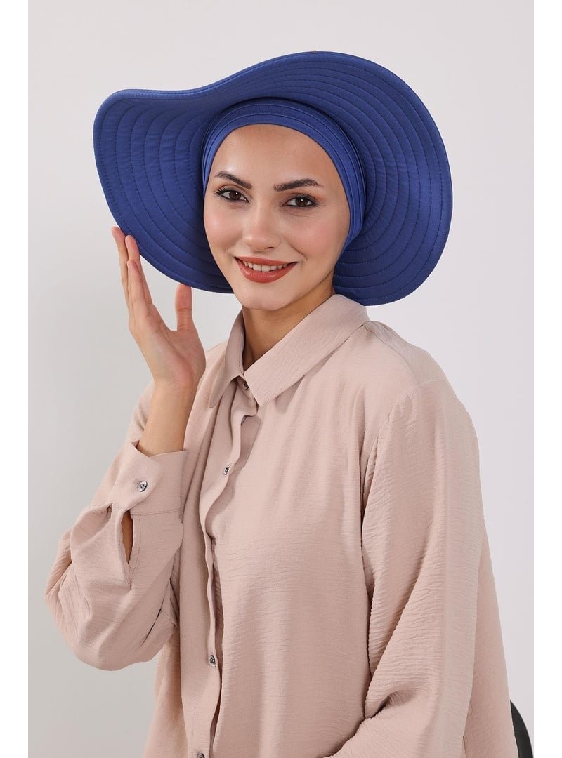 Aisha`s Design İndigo Çıkarılabilir Arkası Fiyonklu Şapkalı Penye Bone Türban,s