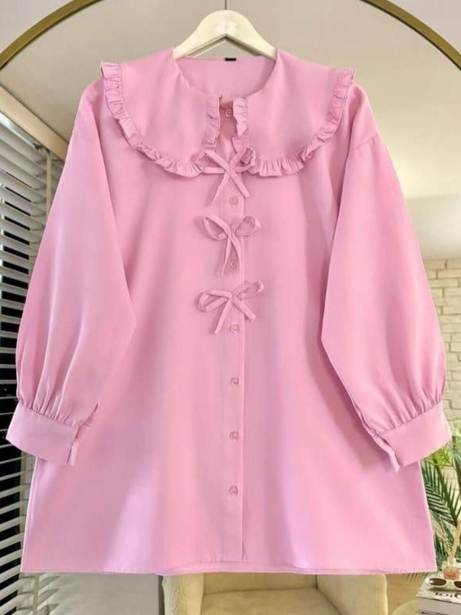 Nergis Neva Butik Pudra Marul Yaka Fiyonklu Tunik