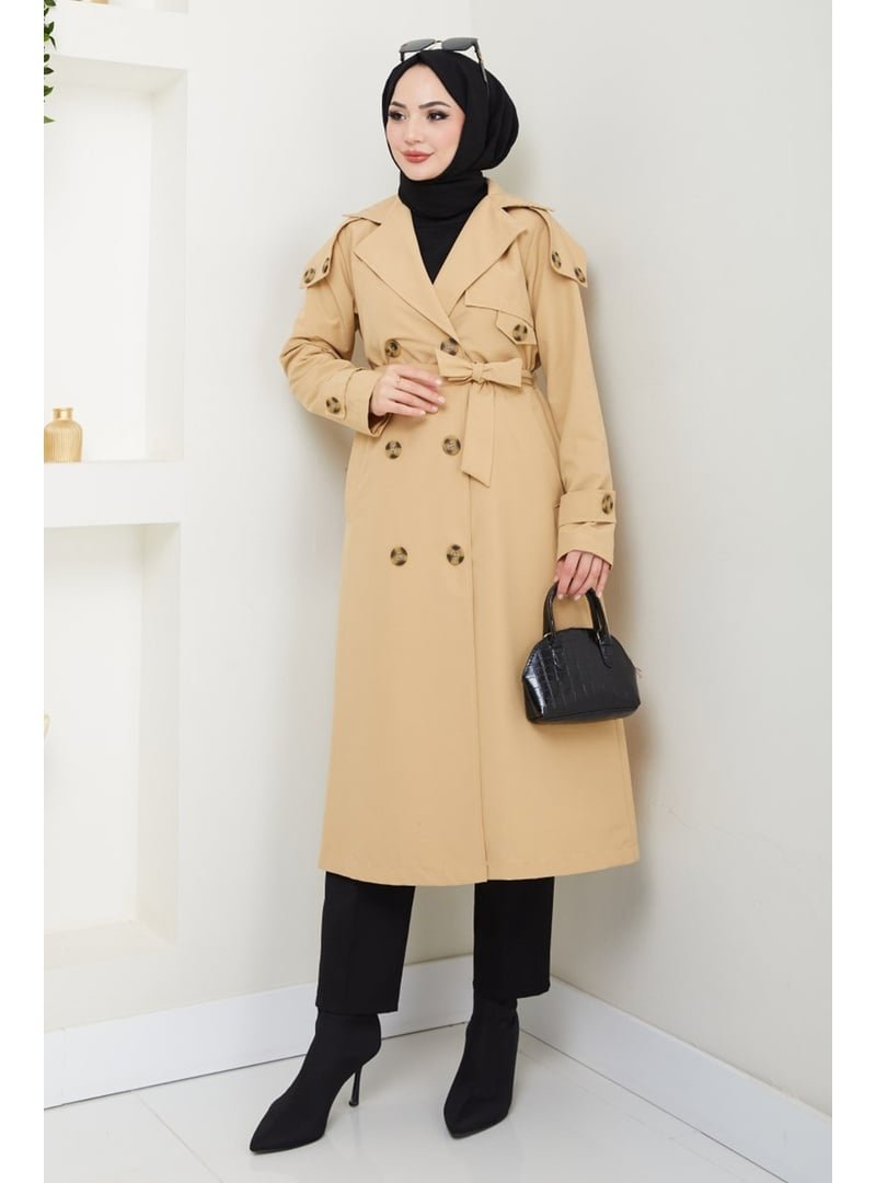 InStyle Omuzları Apolet Detaylı Astarlı Camel Trençkot