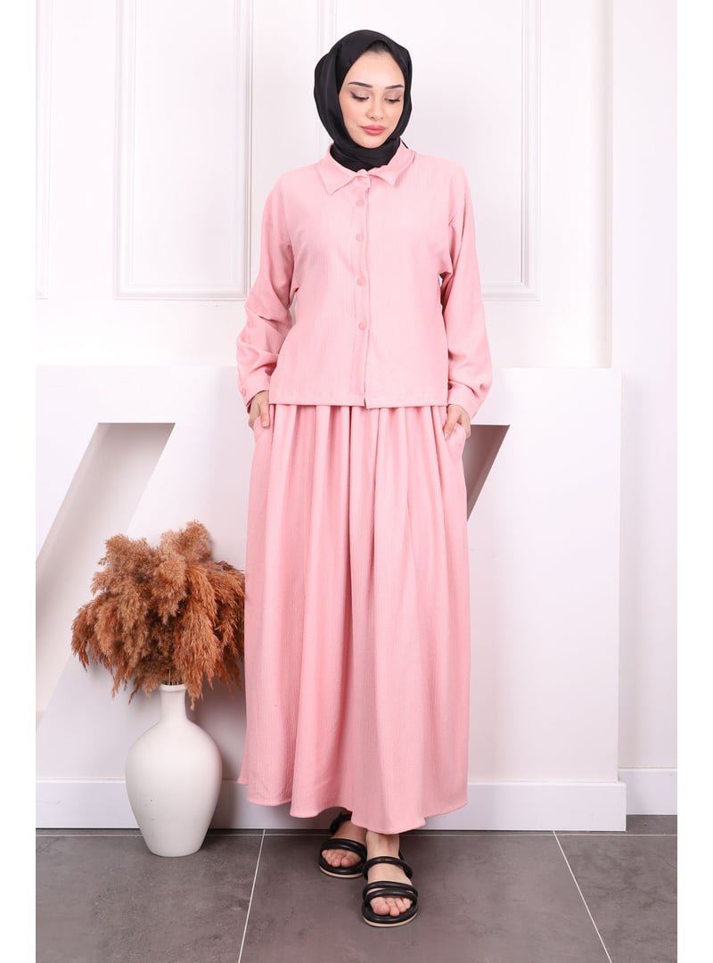 İmaj Butik Pudra Ön Kısa Arka Uzun Gömlek Etek Bürümcük Takım
