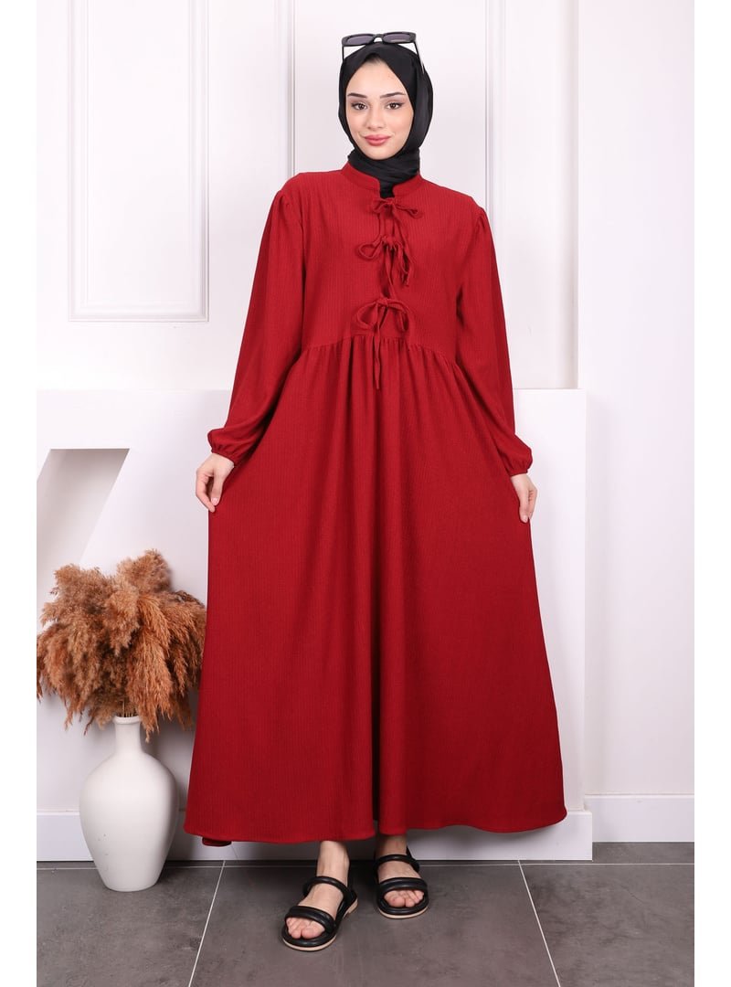 İmaj Butik Bordo Kol Lastikli Yaka Bağlamalı Bürümcük Elbise