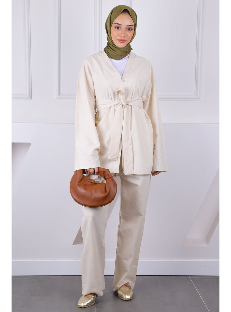 İmaj Butik Bej Kemerli Kimono Pantolonlu Takım