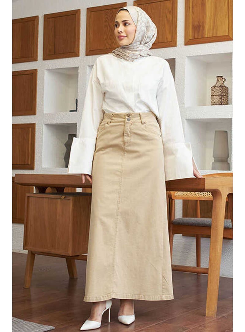 Neways Bej Denim Klasik Etek