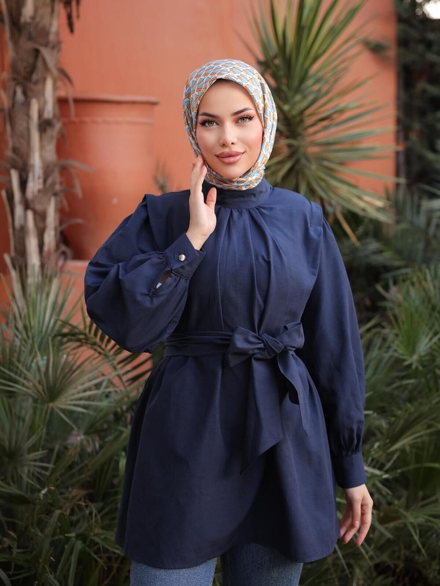 Nergis Neva Butik Lacivert Önü Ve Kol Ucu Büzgülü Kemerli Tunik