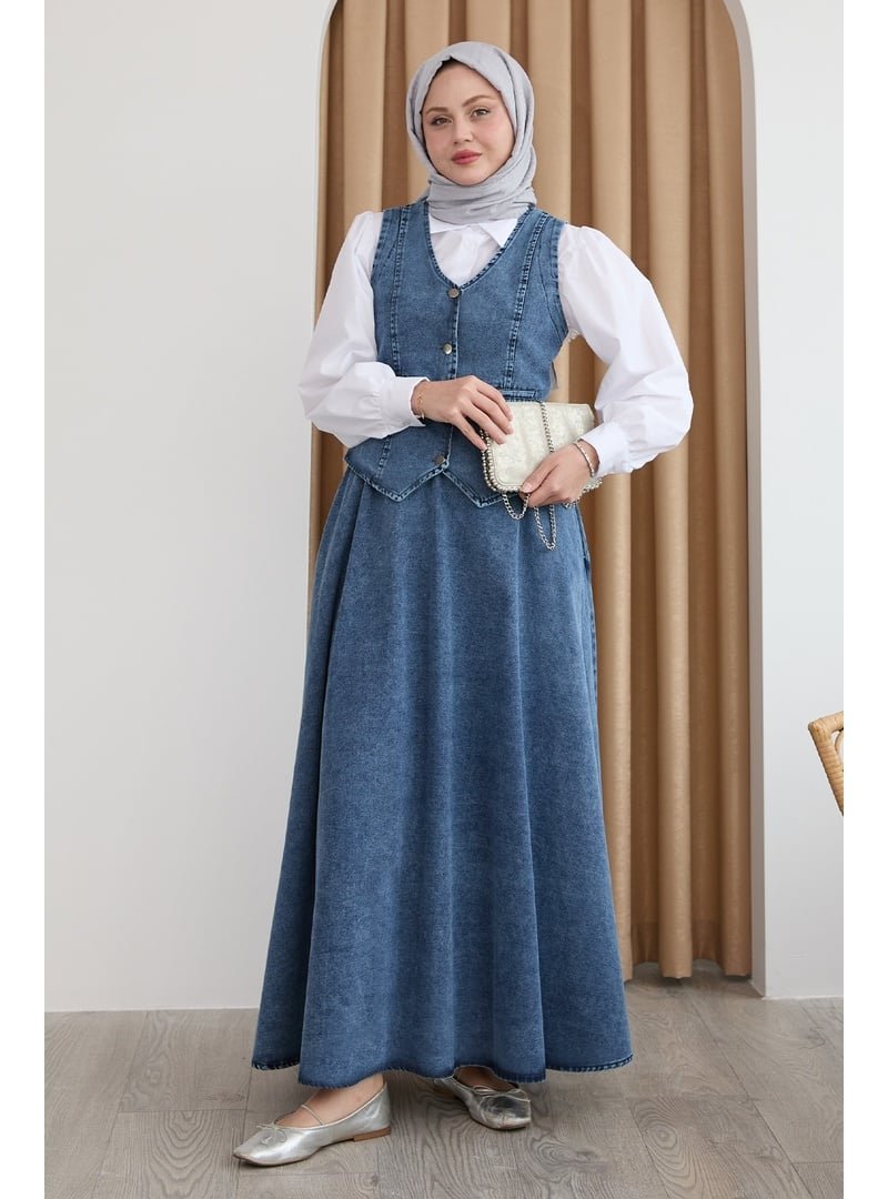 InStyle Yelekli Etekli Buz Mavisi Üçlü Kot Takım
