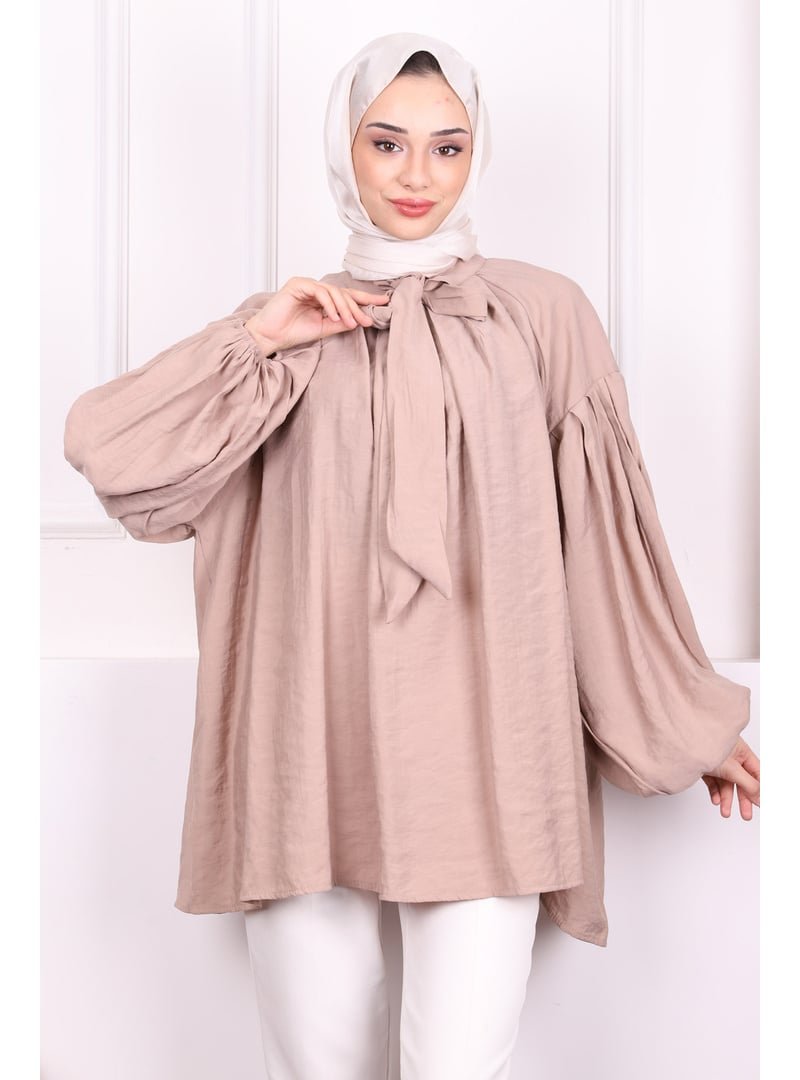 İmaj Butik Vizon Yaka Bağlamalı Balon Kol Tunik