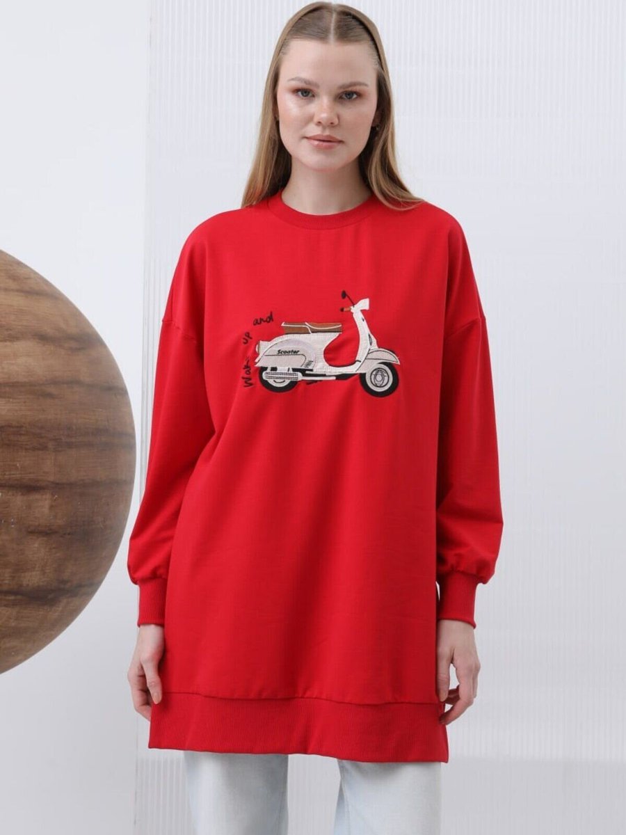 Puane Kırmızı İki İplik Kumaş Scooter Nakış Detaylı Sweatshirt