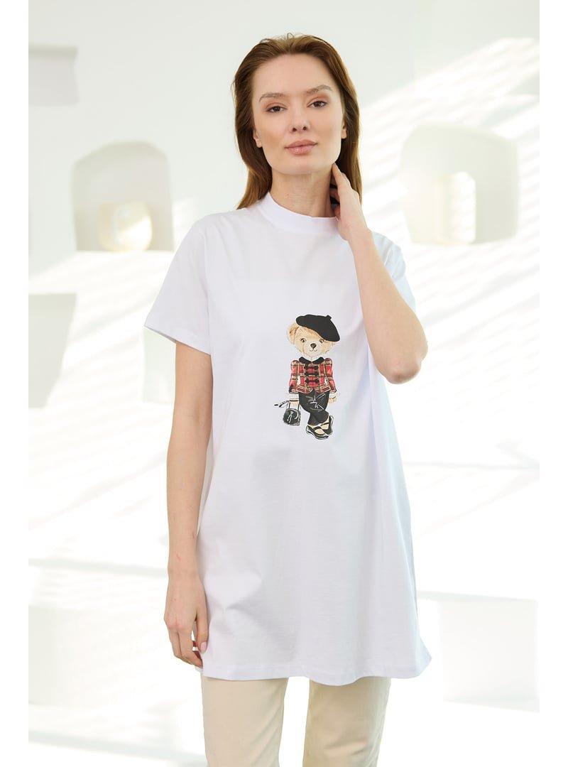 Locco Moda Beyaz Kız Ayıcık Baskılı Basic Kısa Kollu İçlik