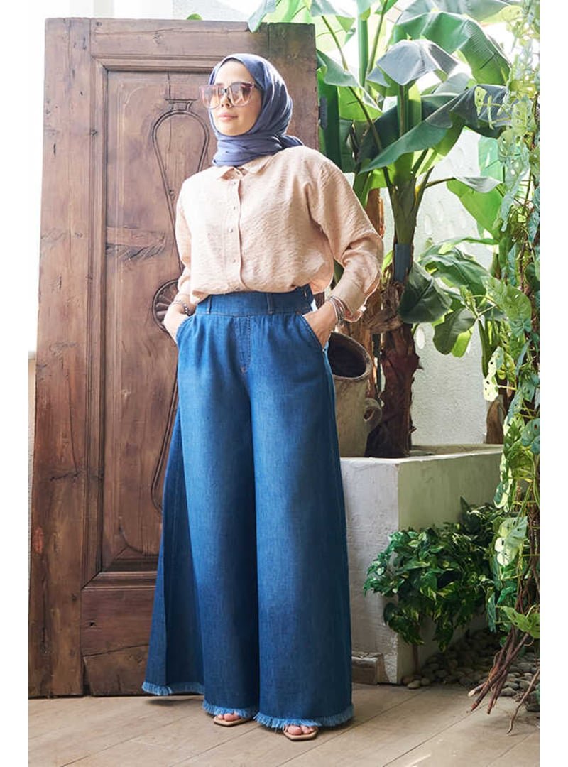 Neways Koyu Mavi Denim Püsküllü Pantolon Etek