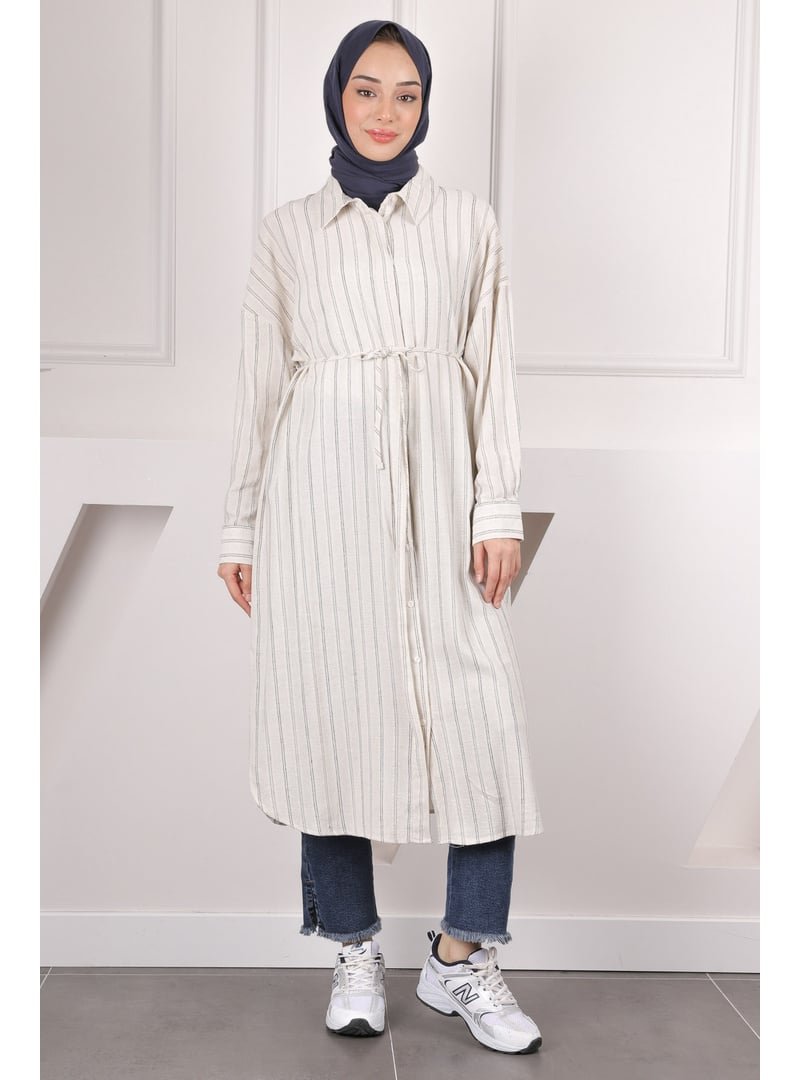 İmaj Butik Bej Bel İpli Çizgili Keten Tunik