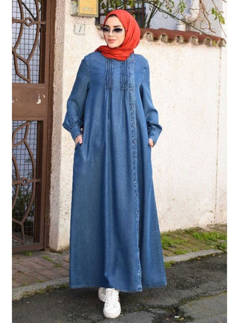 Neways Koyu Mavi Denim Yandan Düğmeli Ferace