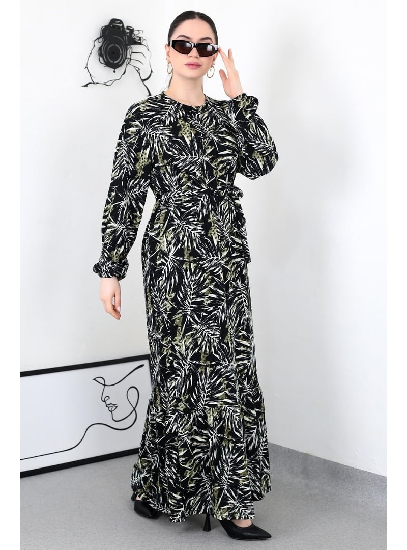 Pelsu Moda Haki Yaprak Desen Kuşaklı Elbise