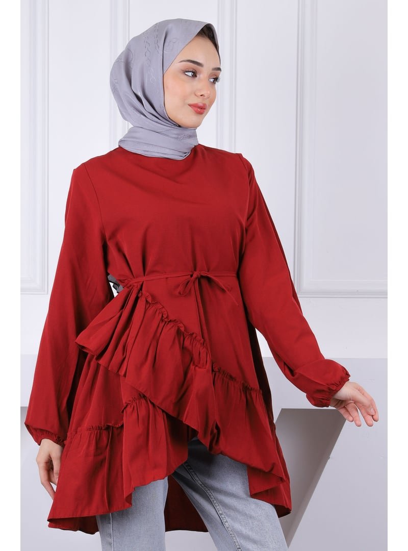 İmaj Butik Bordo Eteği Katlı Fırfırlı Tunik