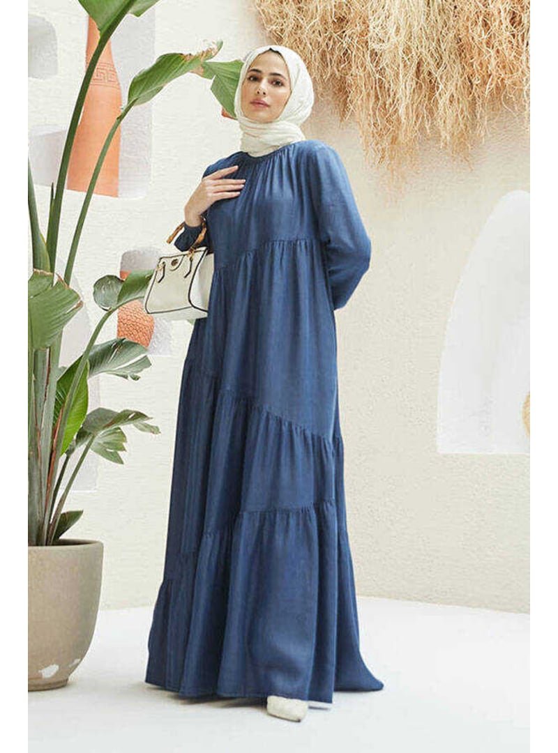 Neways Koyu Mavi Denim Büzgülü Tensel Elbise