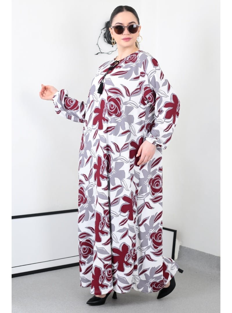 Pelsu Moda Kırmızı Gül Desenli Püskullü Battal Elbise