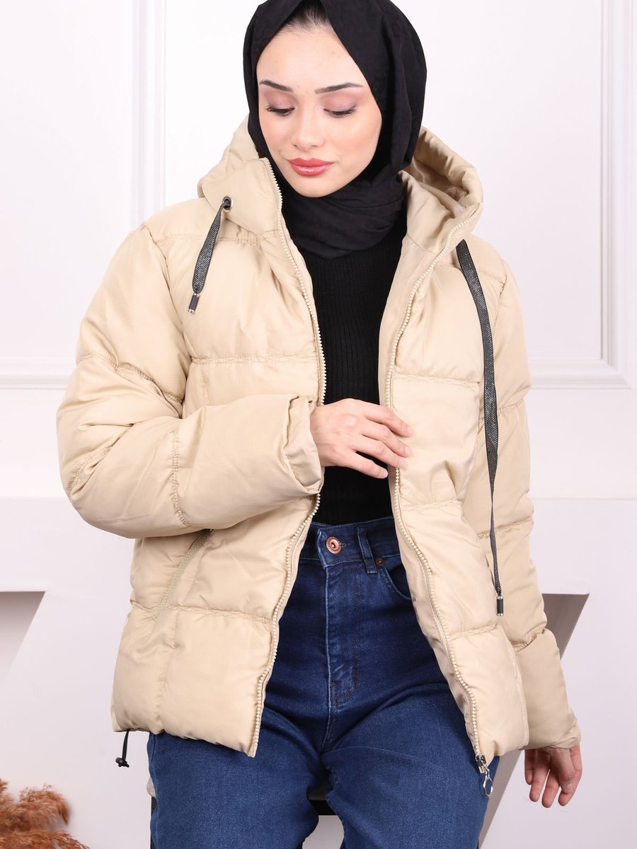 İmaj Butik Bej Kapüşonlu Cepli Şişme Mont