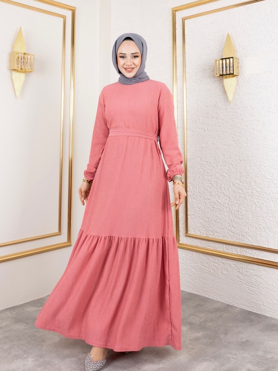 SFG Life Moda Gül Belden Kuşaklı Ve Bisiklet Yaka Bürümcük Kumaş Elbise