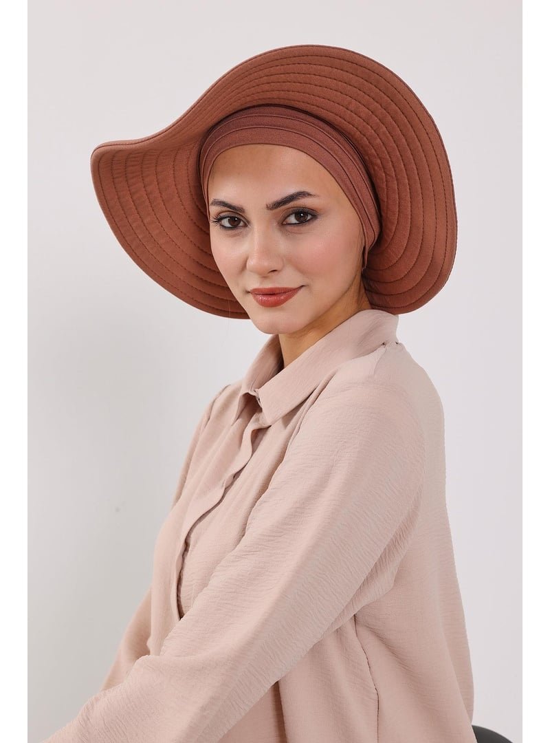 Aisha`s Design Koyu Kahverengi Çıkarılabilir Arkası Fiyonklu Şapkalı Penye Bone Türban,s