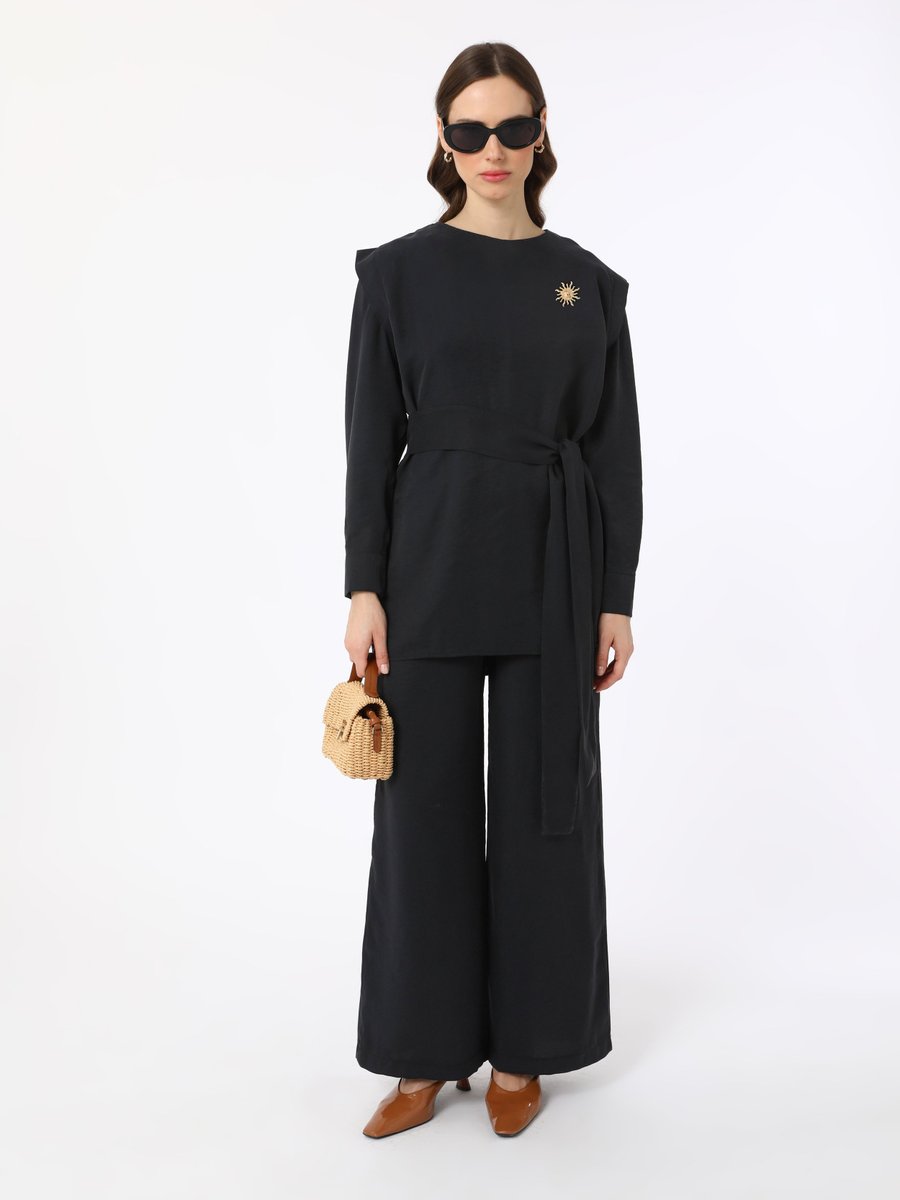 Refka Siyah Exclusive Modal Kumaş Bağlama Detaylı İkili Takım