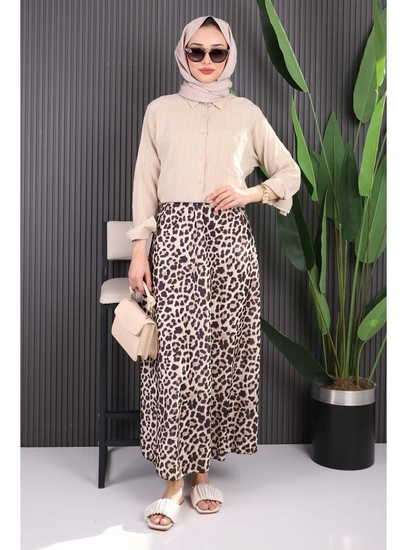 İmaj Butik Bej Leopar Desenli Saten Etek