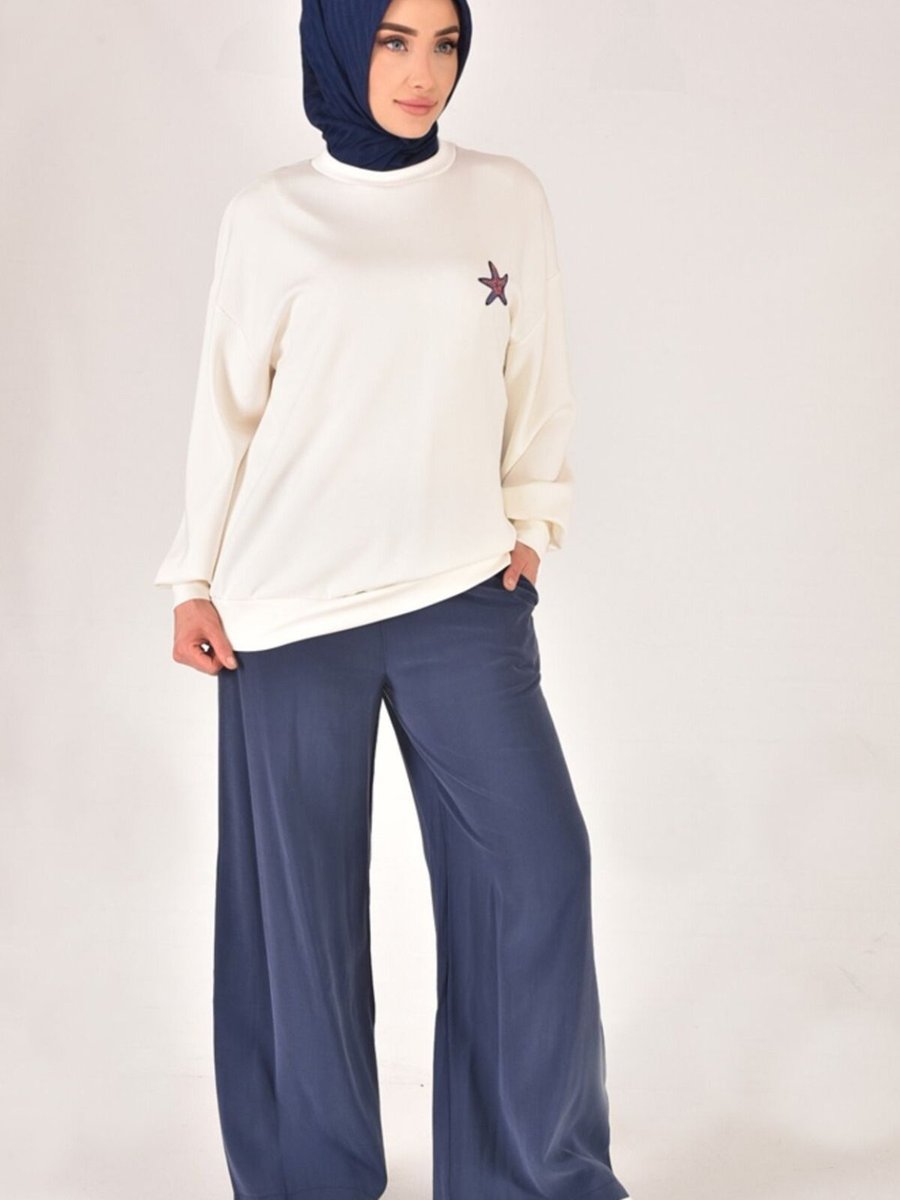 Puane Ekru Modal Kumaş Sırtı Nakış Detaylı Sweatshirt