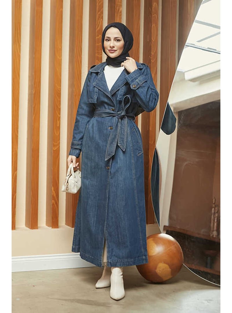 Neways Koyu Mavi Allerli Denim Trençkot