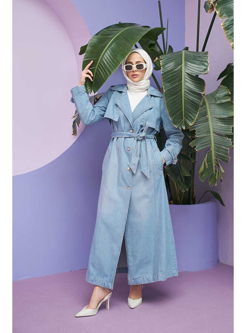 Neways Mavi Allerli Denim Trençkot