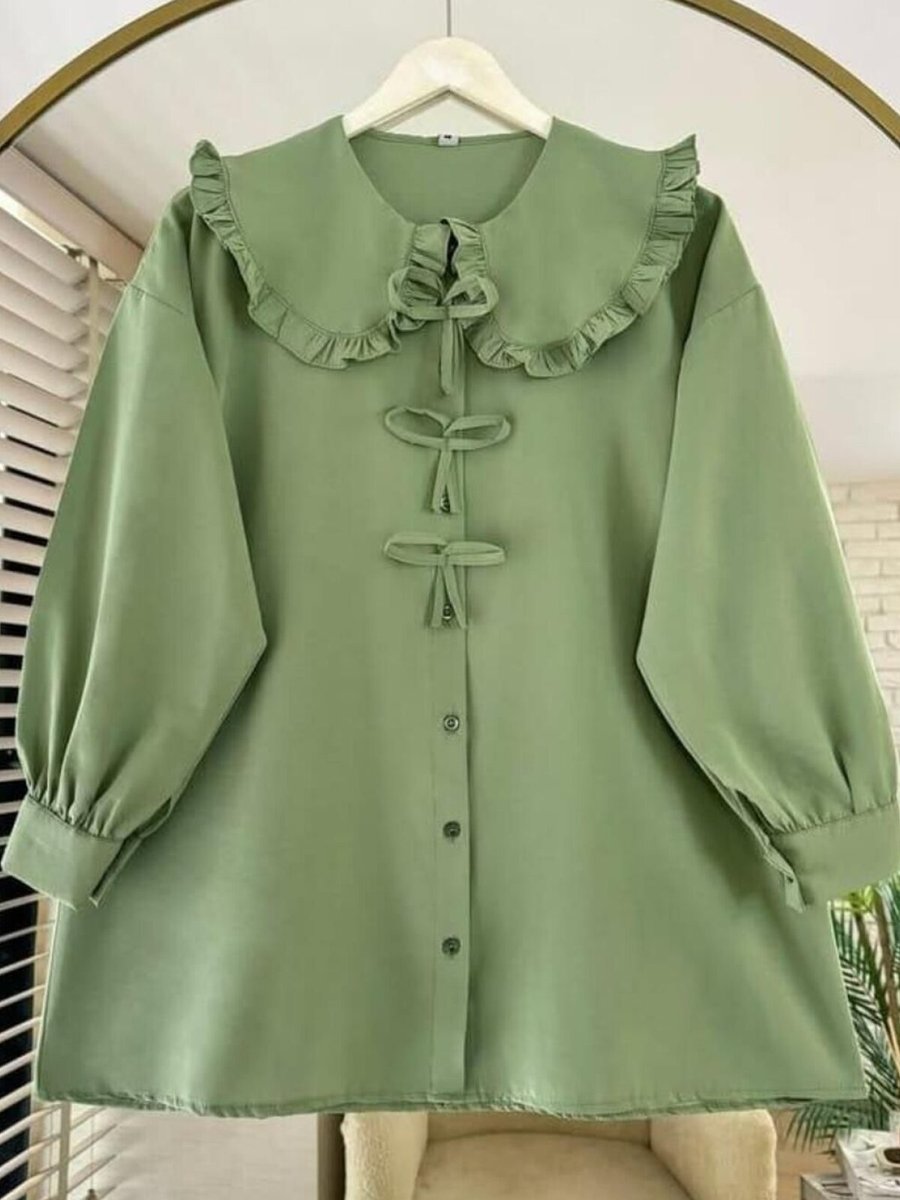 Nergis Neva Butik Yeşil Marul Yaka Fiyonklu Tunik