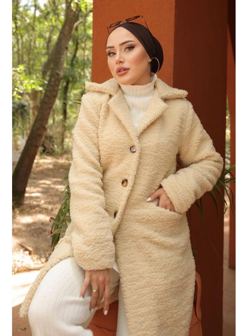 Hafsa Mina Krem Kruvaze Yaka Peluş Mont
