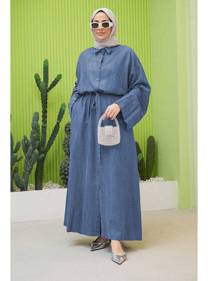 Neways Koyu Mavi Denim Düğmeli Süs Kuşaklı Abaya