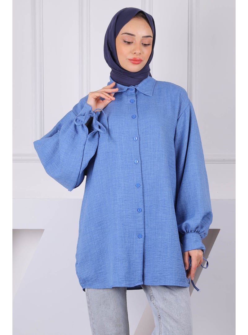 İmaj Butik İndigo Kol Bağlamalı Keten Tunik