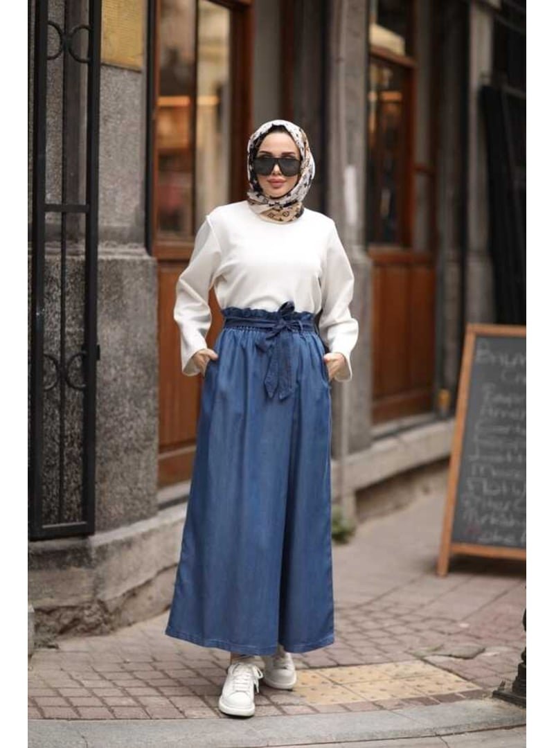 Neways Koyu Mavi Denim Lastikli Pantolon Etek
