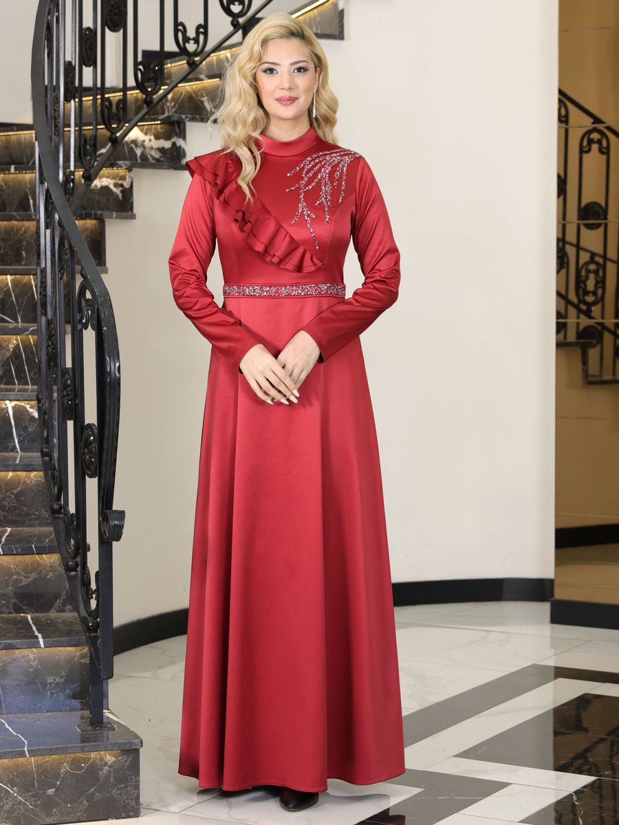 Elben Moda Bordo Ada Saten Abiye Elbise