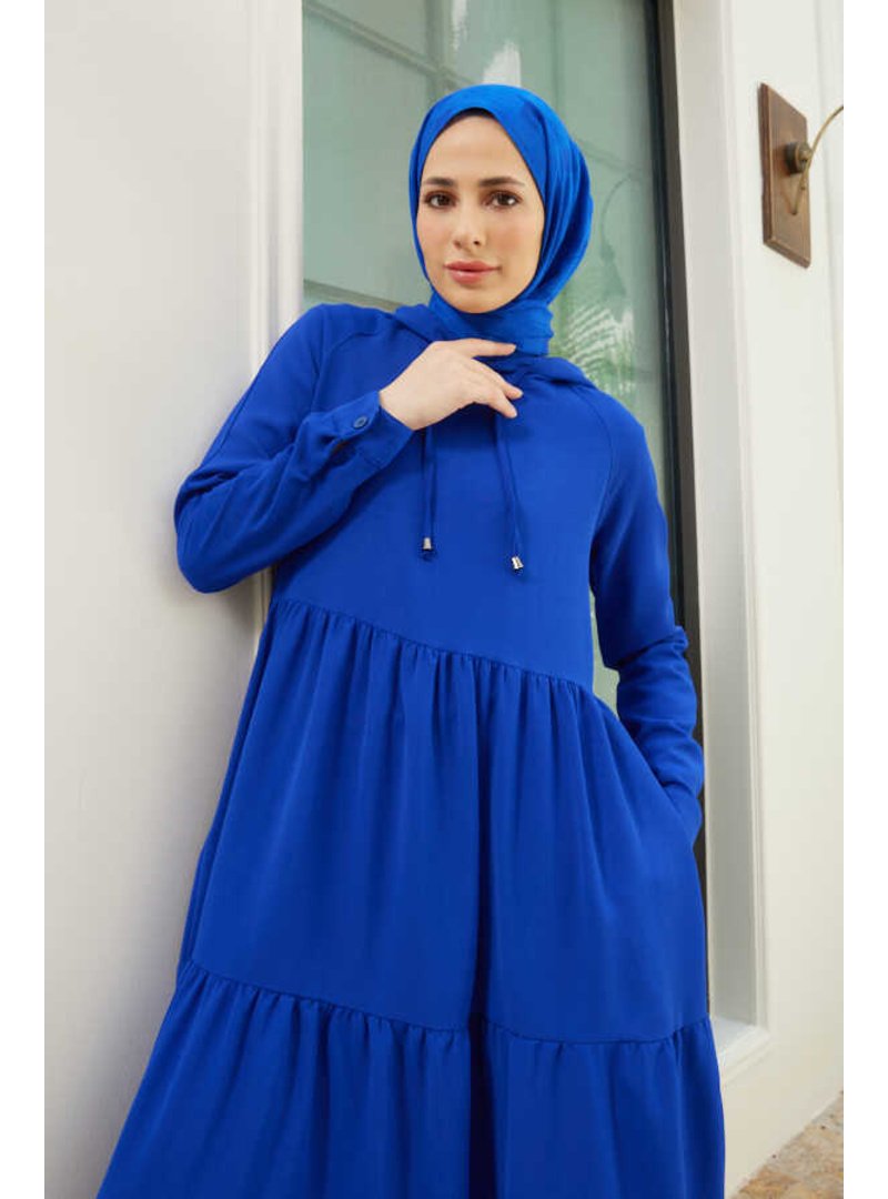 Neways Saks Mavisi Berlin Kapüşonlu Reglan Kollu Elbise
